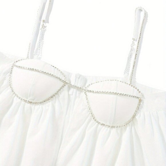 White Casual Women's Spaghetti Strap Rhinestone Cutout Mini A-Line Dress - Picture 9 of 10